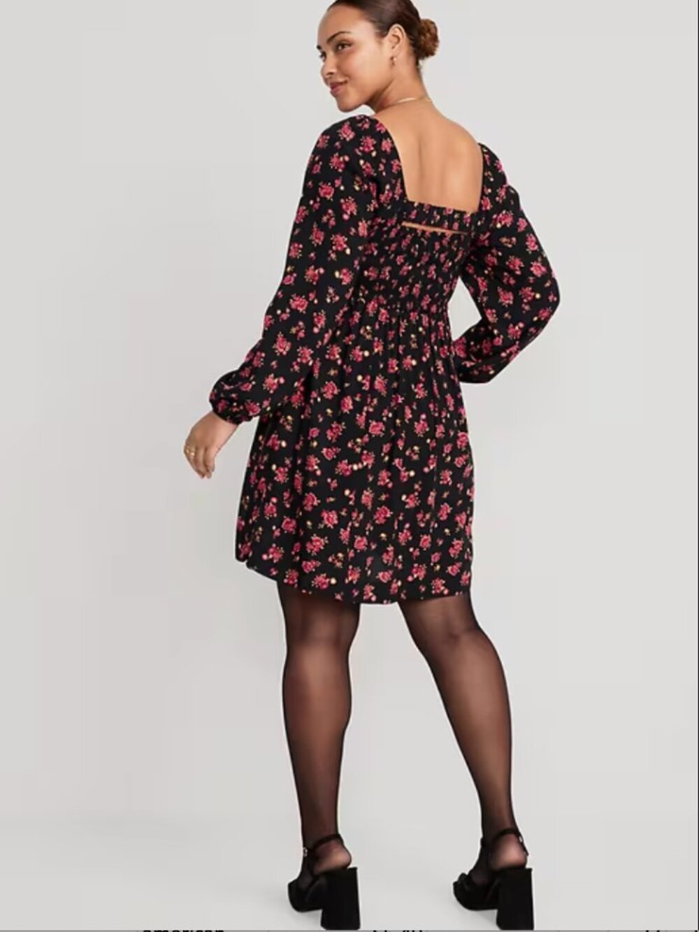 Old Navy Floral Smocked Long Puff Sleeve Square neck Dress Size XL Black Red - Picture 3 of 13